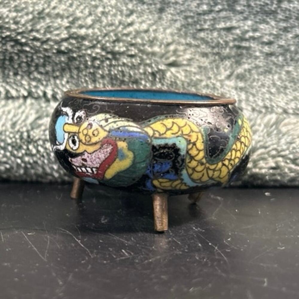 Mini Chinese Cloisonné Dragon Bowl Enamel Metal Art c1800s